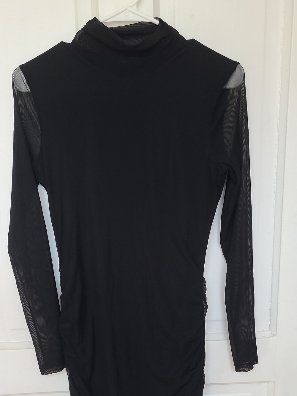 Black Sheer-Sleeve Long Sleeve Turtleneck Top